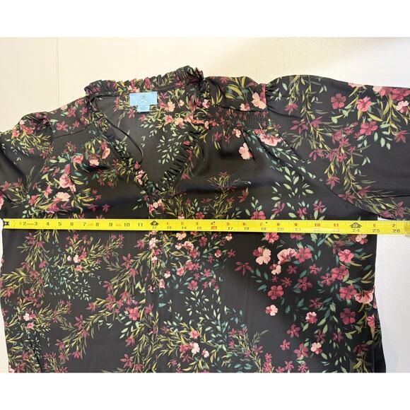 CeCe Button Up Top Womens 1x Dark Floral Romantic Cottagecore Ruffle V-Neck - Picture 6 of 9